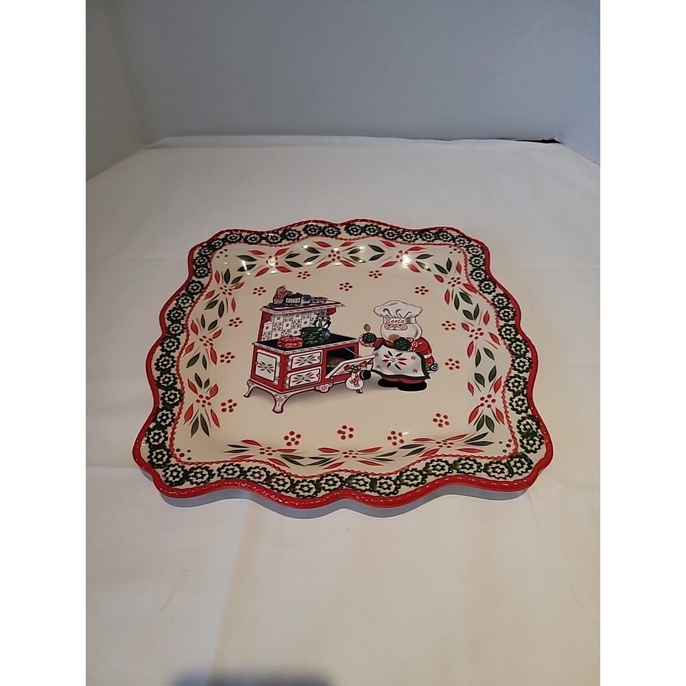 Temptations by Tara Large Square Tray Platter Old World Holiday Santa 13.5"